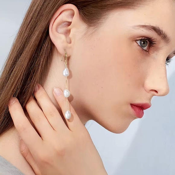 Sterling Silver Real Freshwater Pearl Drop Earrings - Picture 3 of 5